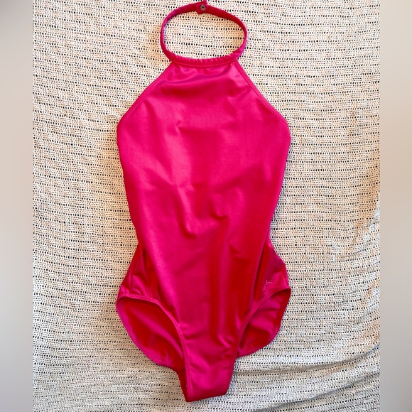 Danskin Other - Hot Pink Halter Leo by Danskin, Adult Petite Dance Leotard w Bust Panel
